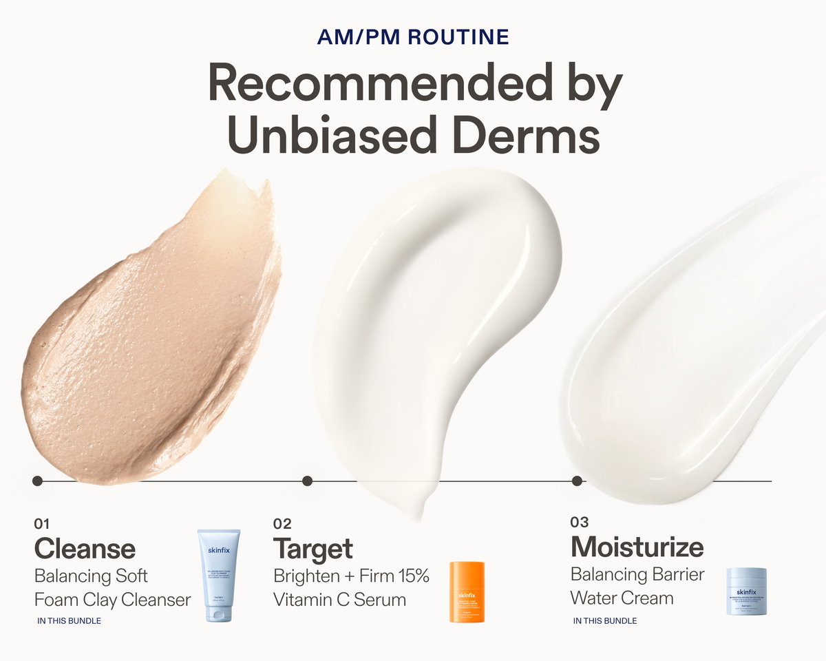 Three-step AM/PM skincare routine graphic recommended by Unbiased Derms, featuring product texture swatches above each step: 01 Cleanse — Balancing Soft-Foam Clay Cleanser; 02 Target — Brighten + Firm 15% Vitamin C Serum; 03 Moisturize — Barrier Balancing Water Cream.