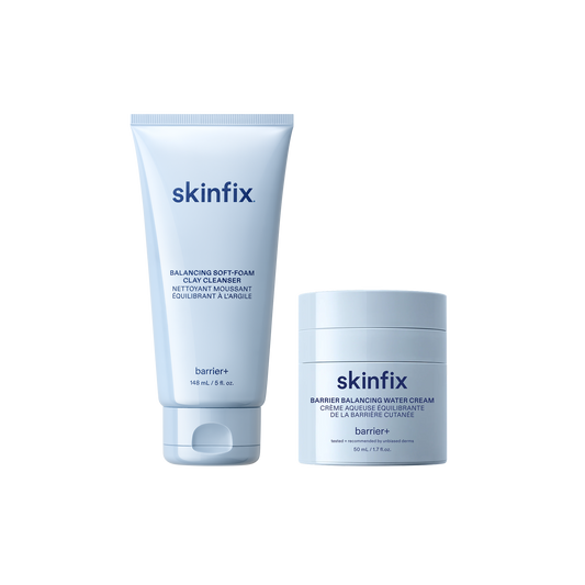 Skinfix Balancing Soft-Foam Clay Cleanser (148 mL / 5 fl. oz.) and Barrier Balancing Water Cream (50 mL / 1.7oz), both in light blue packaging, on a transparent background.