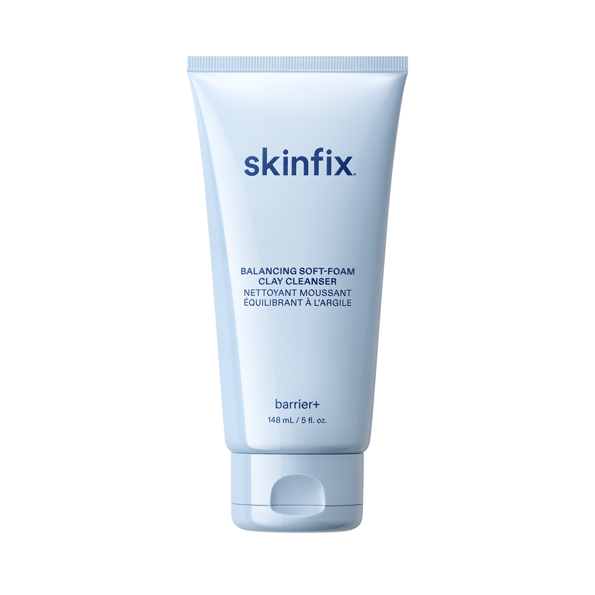 Skinfix Balancing Soft-Foam Clay Cleanser tube, 148 mL, in light blue packaging with navy text, on a transparent background.