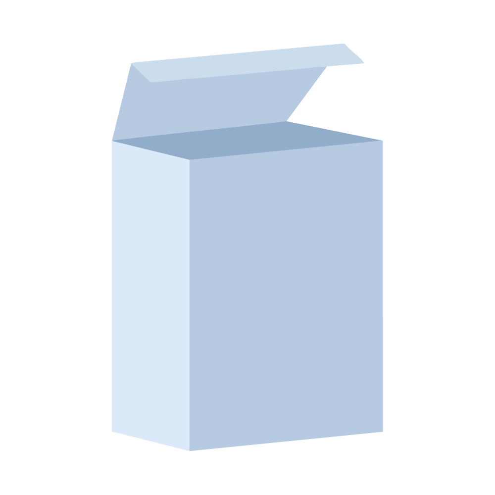 Illustration of an open light blue product box, on a transparent background.