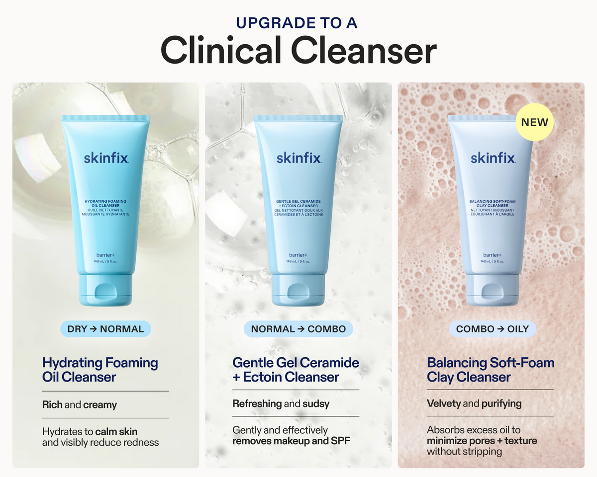 Upgrade to a Clinical Cleanser" comparison graphic featuring three Skinfix barrier+ cleansers in light blue tubes: Hydrating Foaming Oil Cleanser (Dry to Normal), Gentle Gel Ceramide + Ectoin Cleanser (Normal to Combo), and Balancing Soft-Foam Clay Cleanser (Combo to Oily, marked New), with key texture and benefit callouts for each.