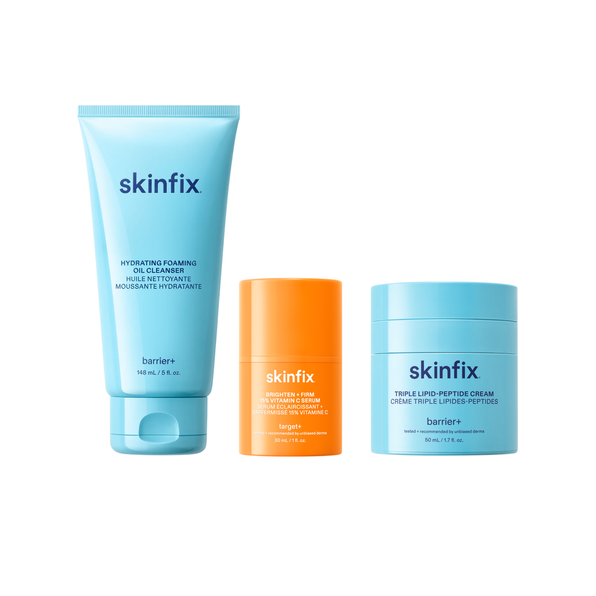 Skinfix Foaming Oil Cleanser, Brighten + Firm 15% Vitamin C Serum, and Triple Lipid-Peptide Cream shown side by side.