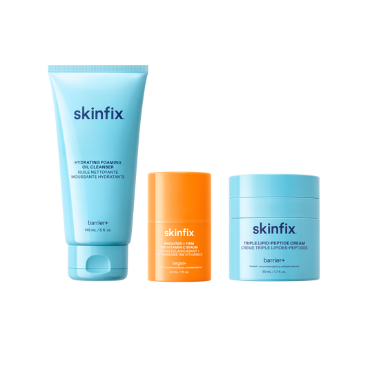 Skinfix Foaming Oil Cleanser, Brighten + Firm 15% Vitamin C Serum, and Triple Lipid-Peptide Cream shown side by side.
