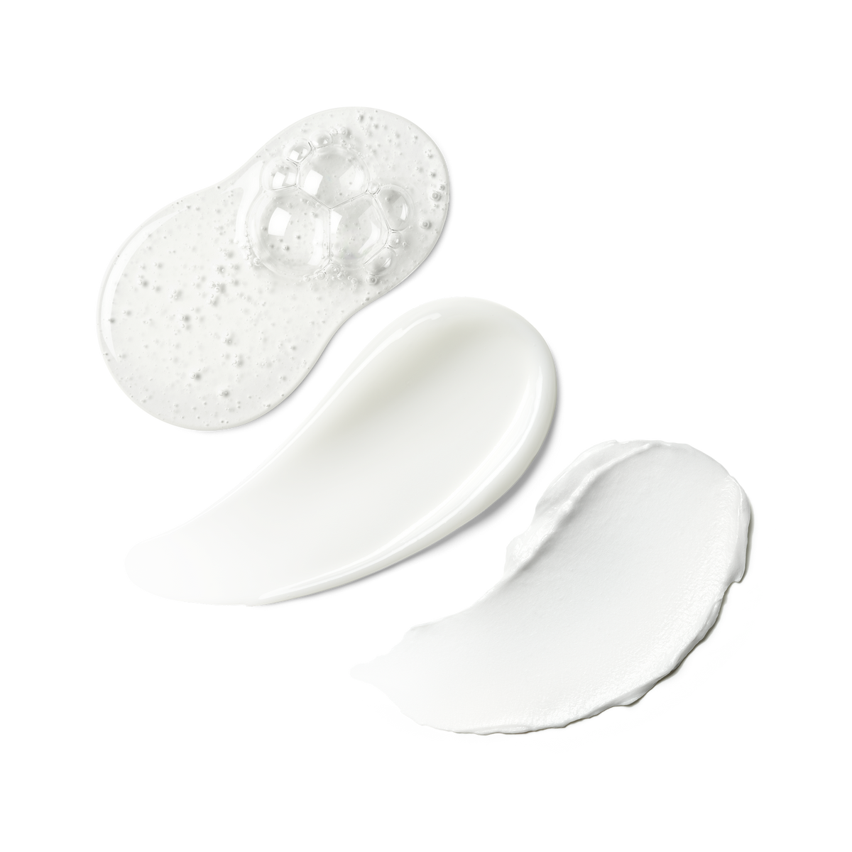 Texture swatches of three Skinfix products — Ceramide + Ectoin Gentle Gel Cleanser (a clear, foamy gel), Triple Lipid Activating Serum (a smooth, silky serum), and Ceramide Prime Whipped Cream (a whipped, white cream) — on a transparent background.