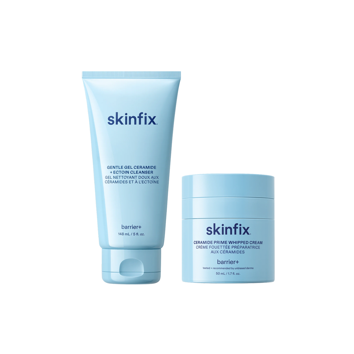 Skinfix Ceramide + Ectoin Gentle Gel Cleanser (150 mL) and Ceramide Prime Whipped Cream (50 mL), both in light blue packaging with navy text, on a transparent background.