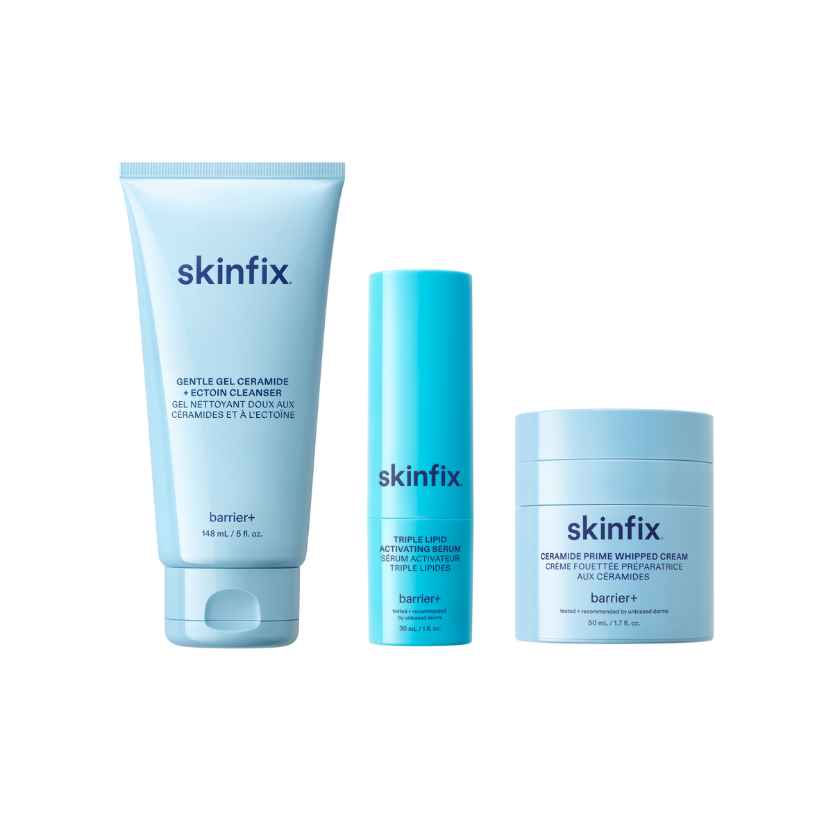 Skinfix Ceramide + Ectoin Gentle Gel Cleanser (150 mL) in mint green, Triple Lipid Activating Serum (30 mL) in teal, and Ceramide Prime Whipped Cream (50 mL) in light blue, on a transparent background.