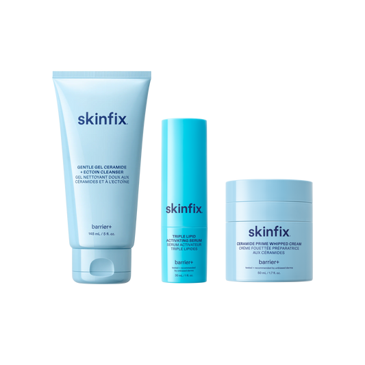 Skinfix Ceramide + Ectoin Gentle Gel Cleanser (150 mL) in mint green, Triple Lipid Activating Serum (30 mL) in teal, and Ceramide Prime Whipped Cream (50 mL) in light blue, on a transparent background.