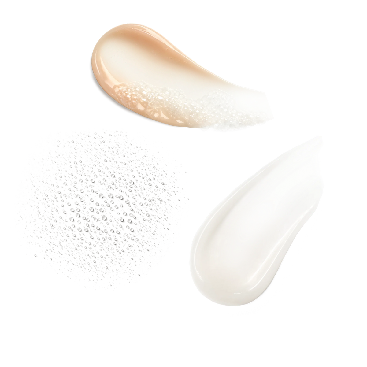 Three skincare textures on transparent background: light pink cleanser, misted droplets, and lightweight water cream.