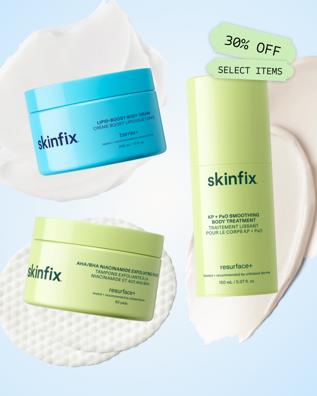Skinfix Lipid-Boost Body Cream, AHA/BHA Niacinamide Exfoliating Pads, and KP + PsO Smoothing Body Treatment displayed against product texture swatches, with labels reading: 30% Off Select Items.
