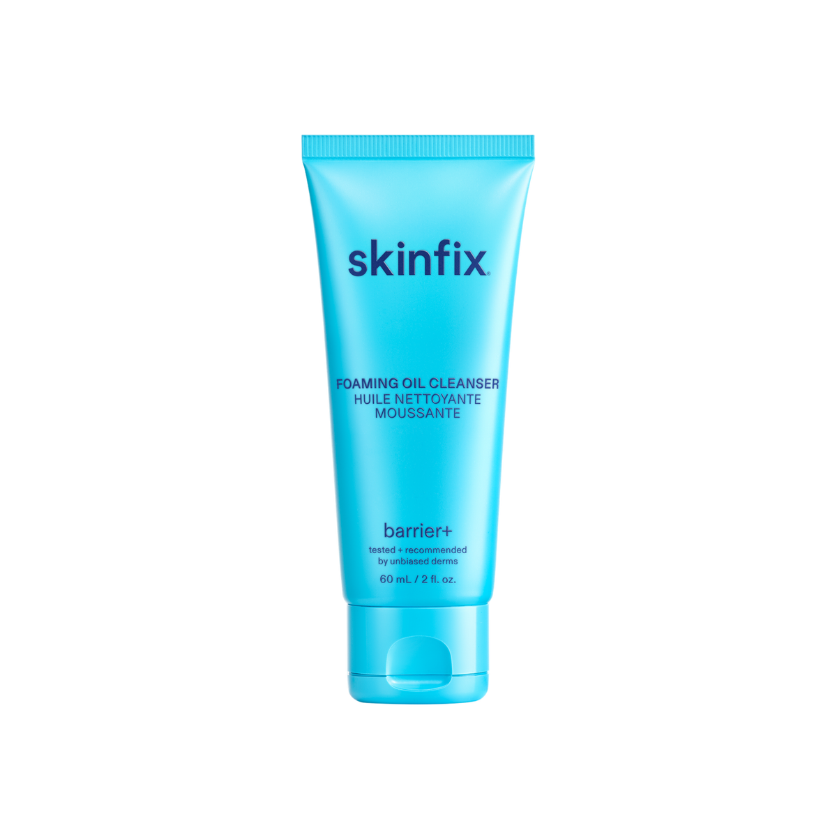 A light blue squeeze tube of skinfix Foaming Oil Cleanser with dark blue text, shown on a solid white background.