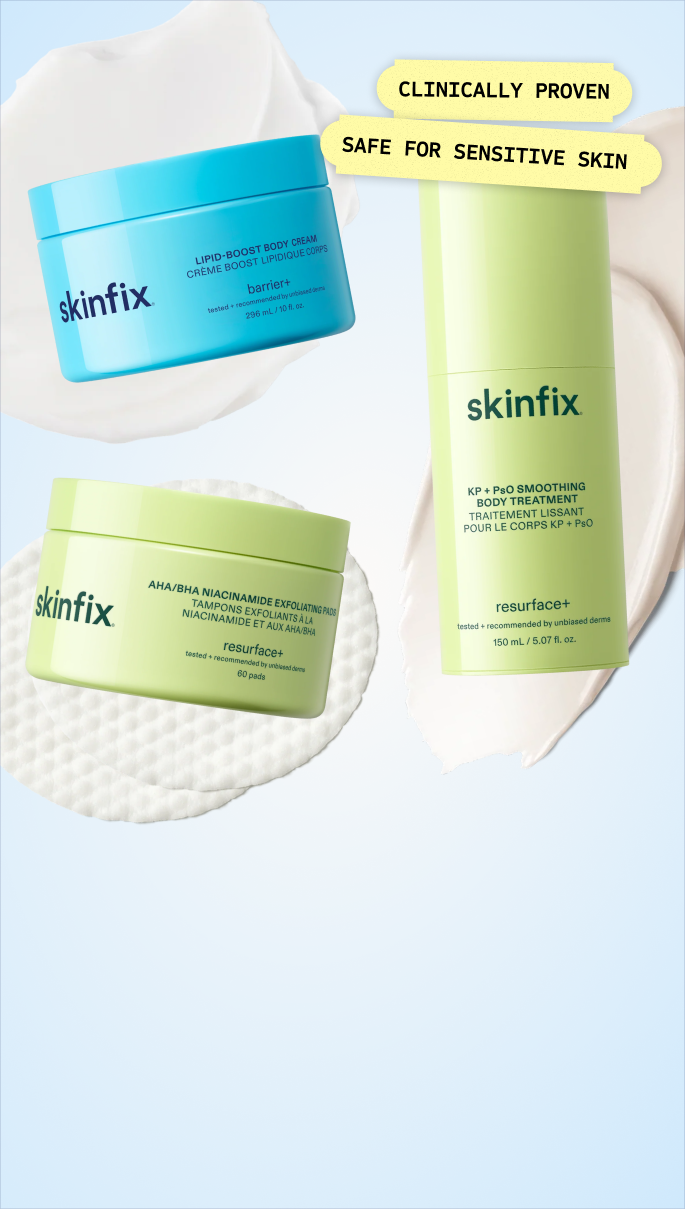 Skinfix Lipid-Boost Body Cream, AHA/BHA Niacinamide Exfoliating Pads, and KP + PsO Smoothing Body Treatment displayed against product texture swatches, with labels reading: 30% Off Select Items.
