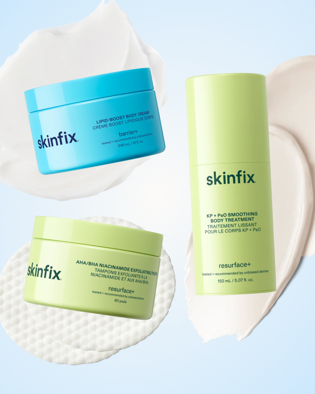 Skinfix Lipid-Boost Body Cream, AHA/BHA Niacinamide Exfoliating Pads, and KP + PsO Smoothing Body Treatment displayed against product texture swatches.