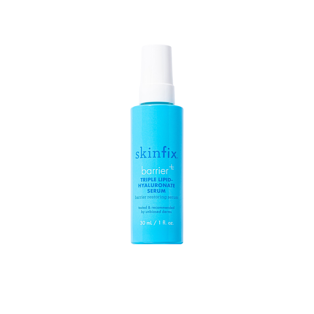 Skinfix Triple Lipid-Hyaluronate Serum bottle, 30 mL, in teal with a white pump, on a transparent background.