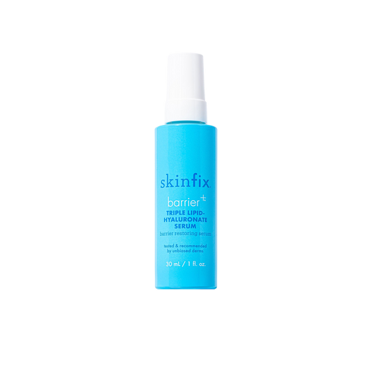 Skinfix Triple Lipid-Hyaluronate Serum bottle, 30 mL, in teal with a white pump, on a transparent background.