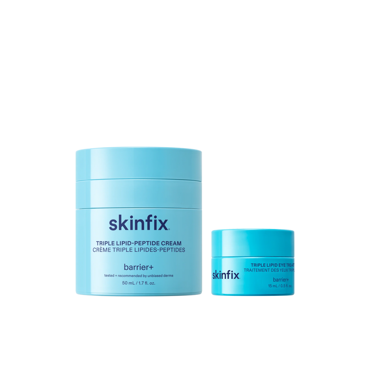 Skinfix Triple Lipid-Peptide Cream and Triple Lipid Eye Treatment in light blue packaging, on transparent background.