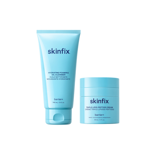Skinfix Hydrating Foaming Oil Cleanser and Triple Lipid-Peptide Cream, both in light blue packaging, on transparent background.