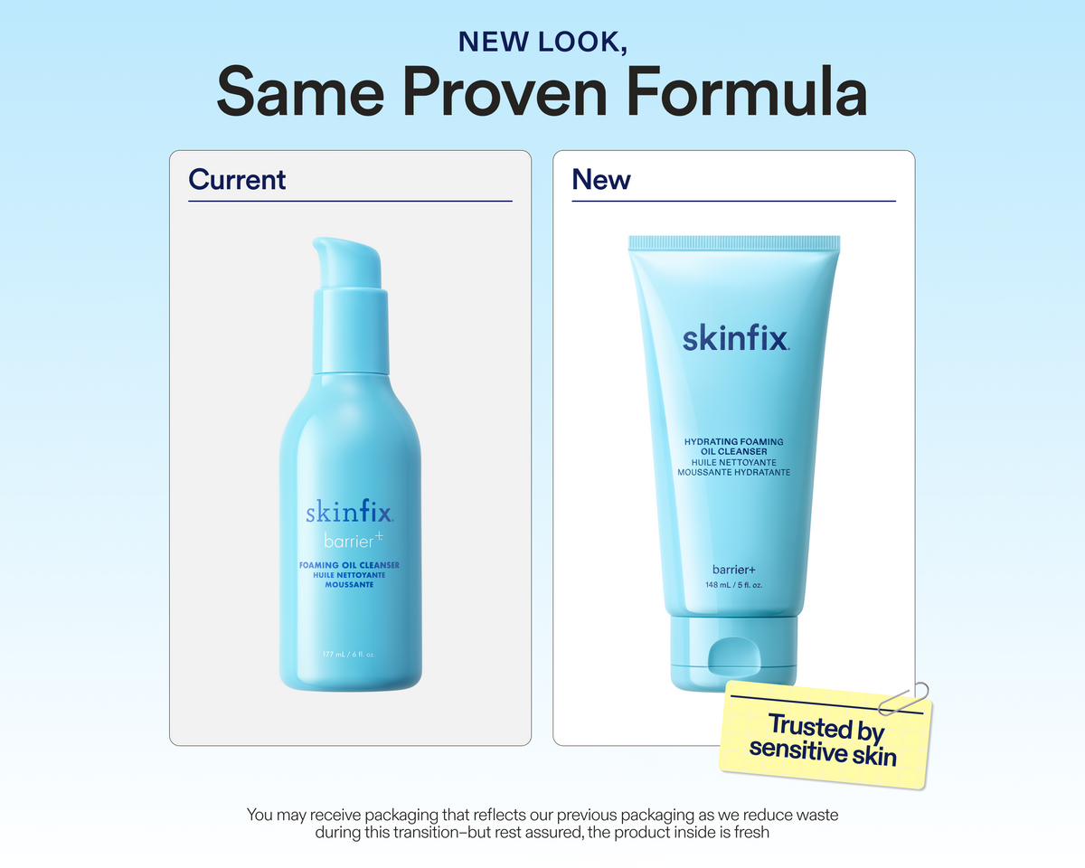 Side-by-side packaging comparison of current and new Skinfix Hydrating Foaming Oil Cleanser, with text reading: New Look, Same Proven Formula. You may receive packaging that reflects our previous branding as we reduce waste during this transition — but rest assured, the product inside is fresh.