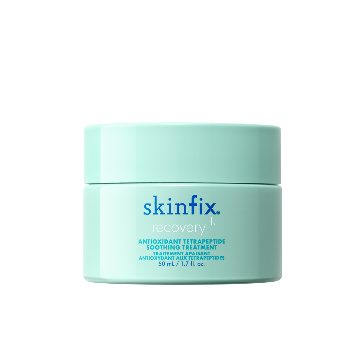Skinfix Antioxidant Tetrapeptide Soothing Treatment jar, 50 mL, in mint green packaging, on a transparent background.