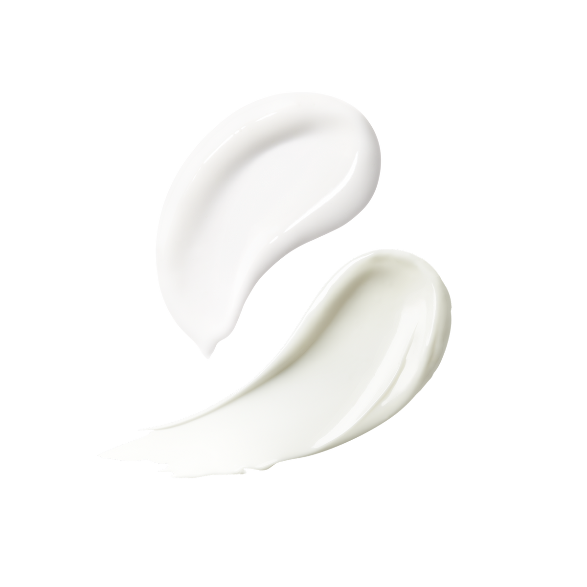 Close-up of two white skincare texture swatches.